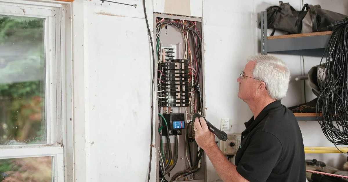 分電盤を点検している電気工事の担当者